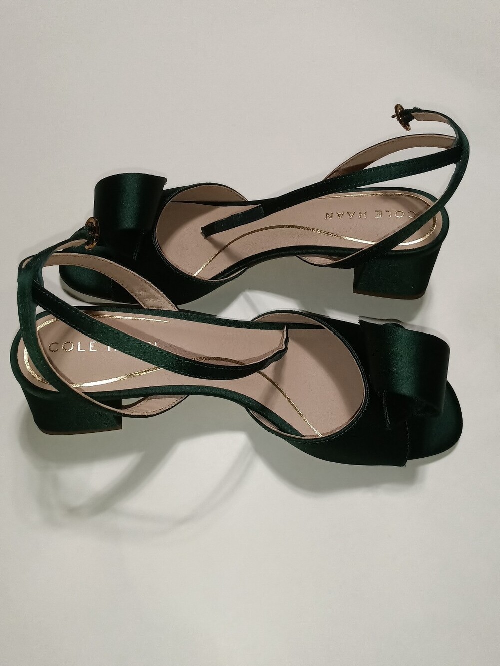 Cole Haan Florette Rainforest Green Satin Bow Ankle-Strap Heels Size 6 - Picture 5 of 13